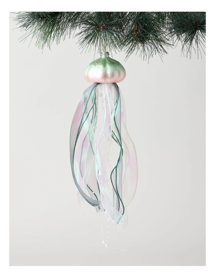 Eucalyptus Christmas Glass Jellyfish Ornament with Ribbons & Pearls 30cm in Multicolour image 1