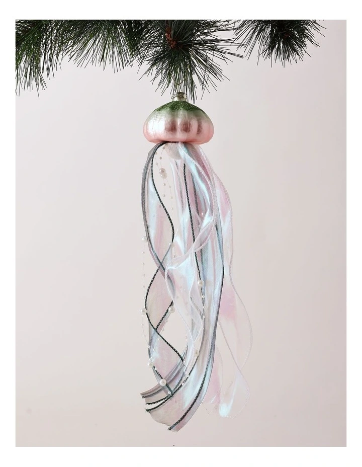 Eucalyptus Christmas Glass Jellyfish Ornament with Ribbons & Pearls 30cm in Multicolour image 1