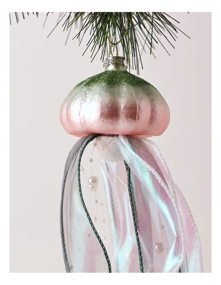 Eucalyptus Christmas Glass Jellyfish Ornament with Ribbons & Pearls 30cm in Multicolour image 2