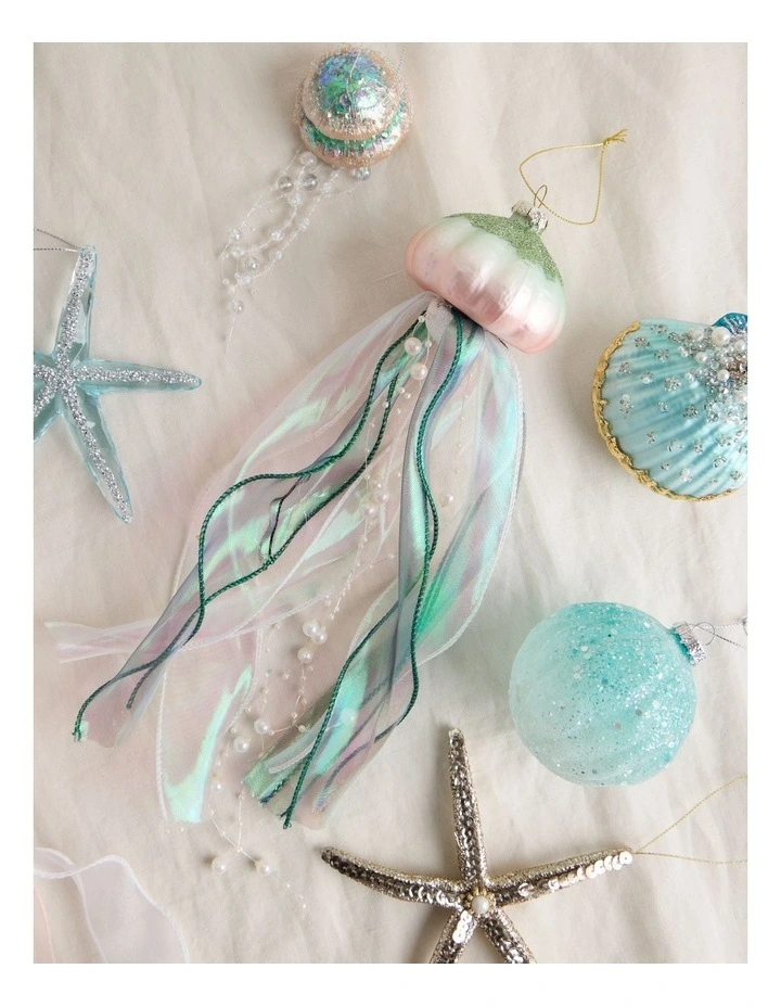 Eucalyptus Christmas Glass Jellyfish Ornament with Ribbons & Pearls 30cm in Multicolour image 3