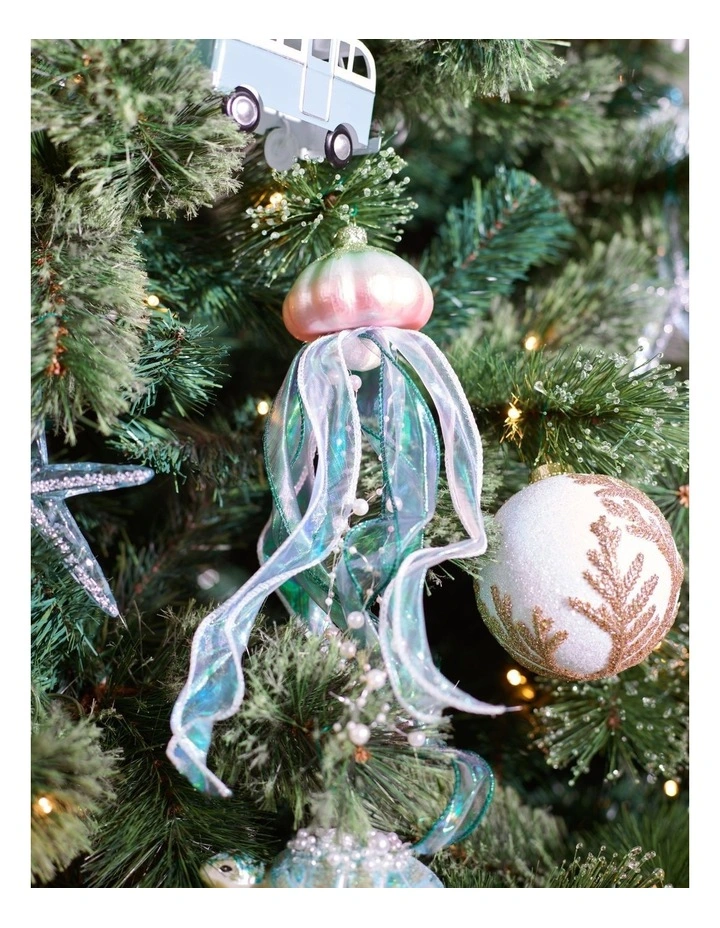 Eucalyptus Christmas Glass Jellyfish Ornament with Ribbons & Pearls 30cm in Multicolour image 3