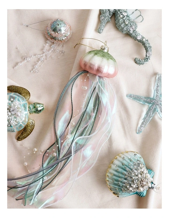 Eucalyptus Christmas Glass Jellyfish Ornament with Ribbons & Pearls 30cm in Multicolour image 4