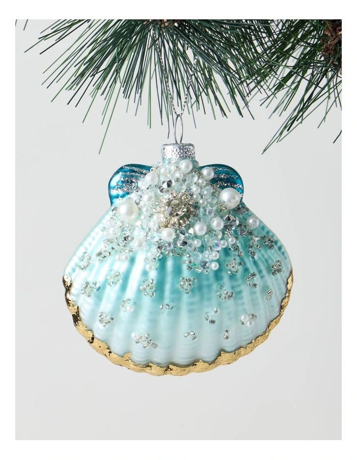 Eucalyptus Christmas Glass Sequin Shell Ornament 8cm in Blue image 1