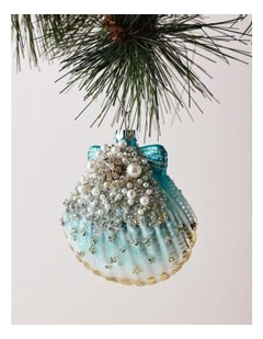 Eucalyptus Christmas Glass Sequin Shell Ornament 8cm in Blue