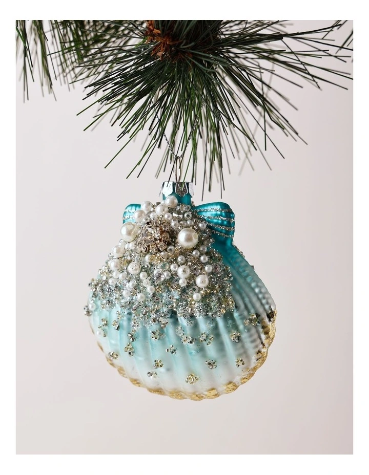 Eucalyptus Christmas Glass Sequin Shell Ornament 8cm in Blue image 1