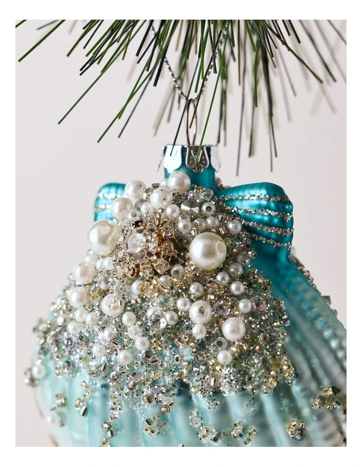 Eucalyptus Christmas Glass Sequin Shell Ornament 8cm in Blue image 2