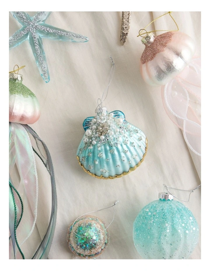 Eucalyptus Christmas Glass Sequin Shell Ornament 8cm in Blue image 4