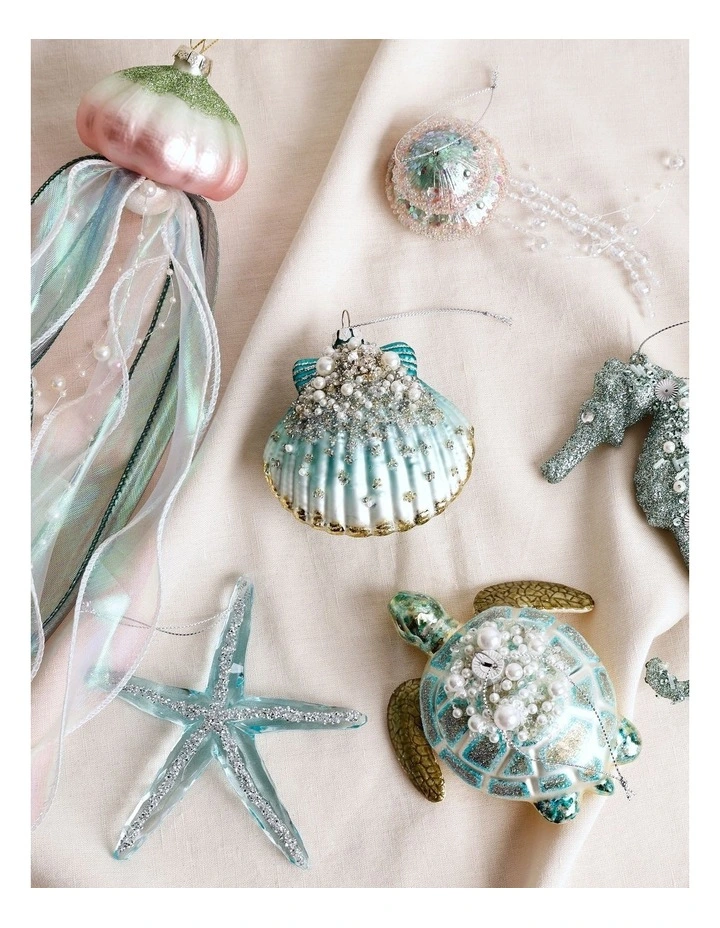 Eucalyptus Christmas Glass Sequin Shell Ornament 8cm in Blue image 5