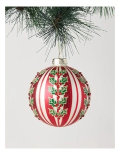 Heirloom Christmas Glass Striped Bauble withHolly Decal 10cm in Red/White