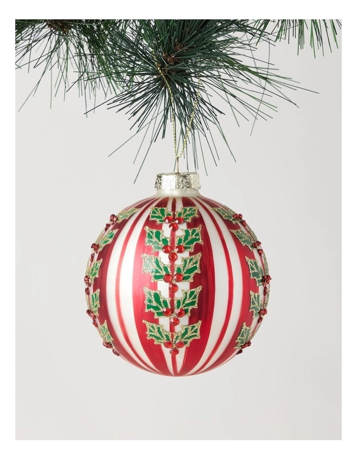 Heirloom Christmas Glass Striped Bauble withHolly Decal 10cm in Red/White image 1