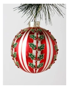 Heirloom Christmas Glass Striped Bauble withHolly Decal 10cm in Red/White