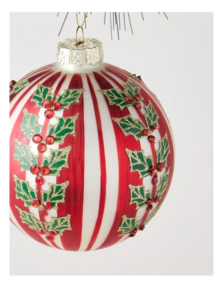 Heirloom Christmas Glass Striped Bauble withHolly Decal 10cm in Red/White image 2