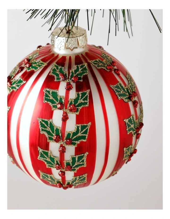 Heirloom Christmas Glass Striped Bauble withHolly Decal 10cm in Red/White image 2