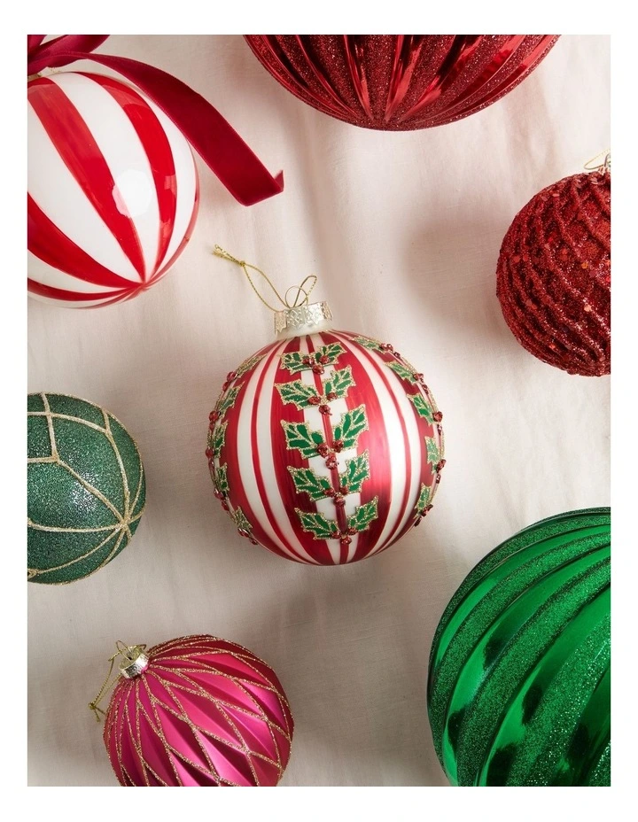 Heirloom Christmas Glass Striped Bauble withHolly Decal 10cm in Red/White image 3