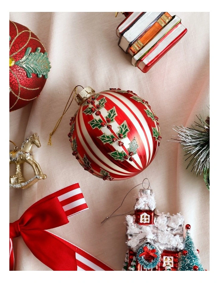 Heirloom Christmas Glass Striped Bauble withHolly Decal 10cm in Red/White image 3