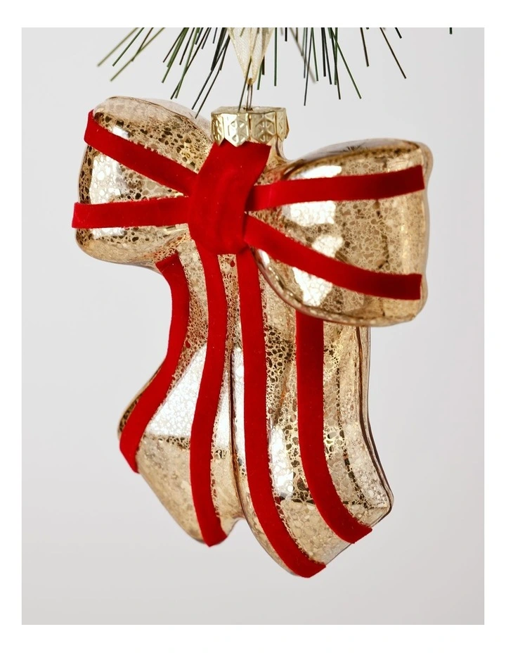 Heirloom Christmas Glass Mercurised Bow withVelvet Detail 11cm in Red image 2