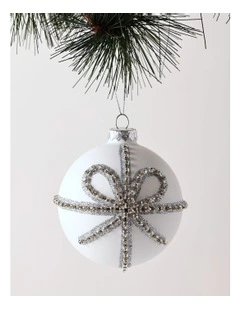 Luxe Christmas Glass Bow Pattern Bauble 10cm in White