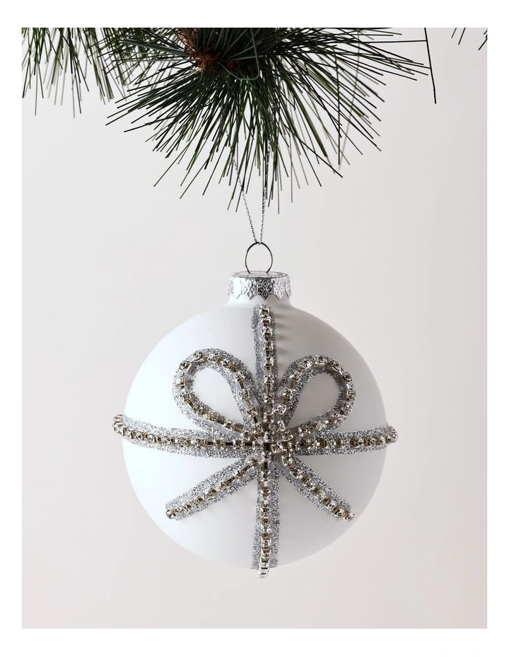 Luxe Christmas Glass Bow Pattern Bauble 10cm in White image 1