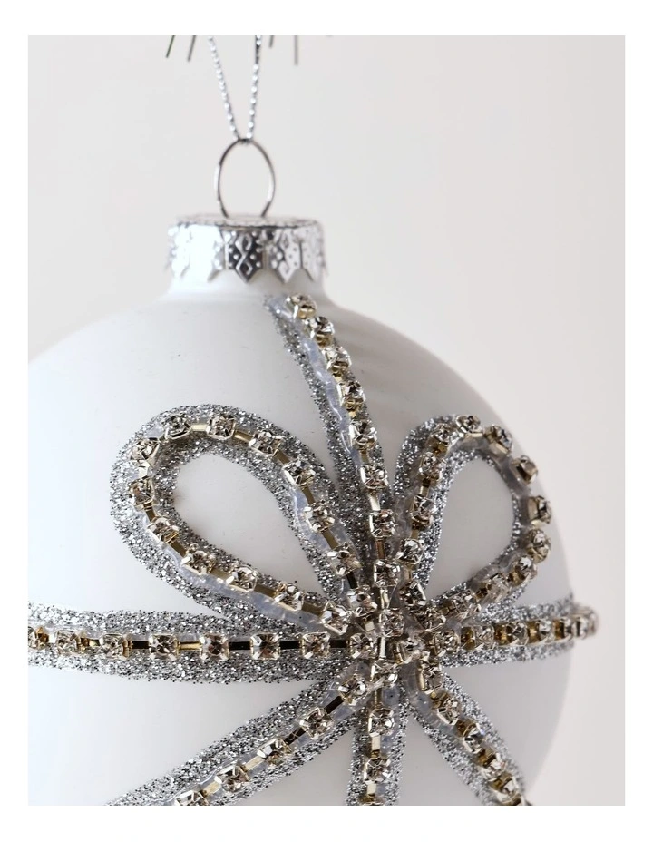 Luxe Christmas Glass Bow Pattern Bauble 10cm in White image 2