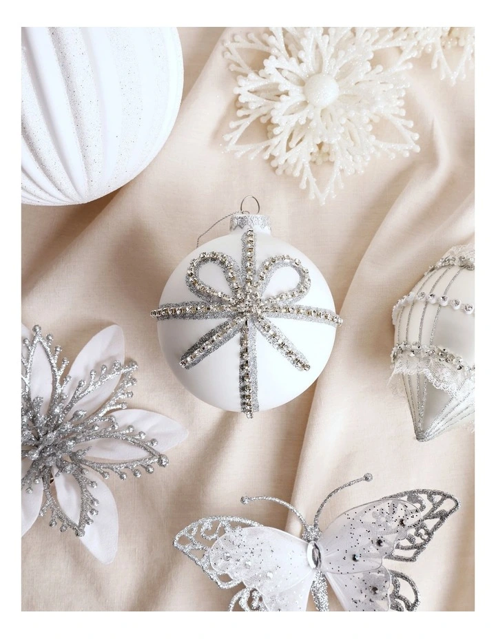 Luxe Christmas Glass Bow Pattern Bauble 10cm in White image 3