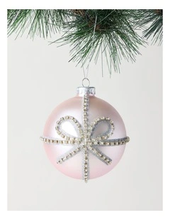 Luxe Christmas Glass Bow Pattern Bauble 10cm in Pink