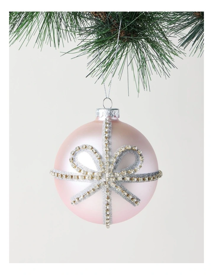 Luxe Christmas Glass Bow Pattern Bauble 10cm in Pink image 1