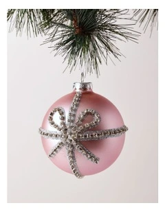 Luxe Christmas Glass Bow Pattern Bauble 10cm in Pink