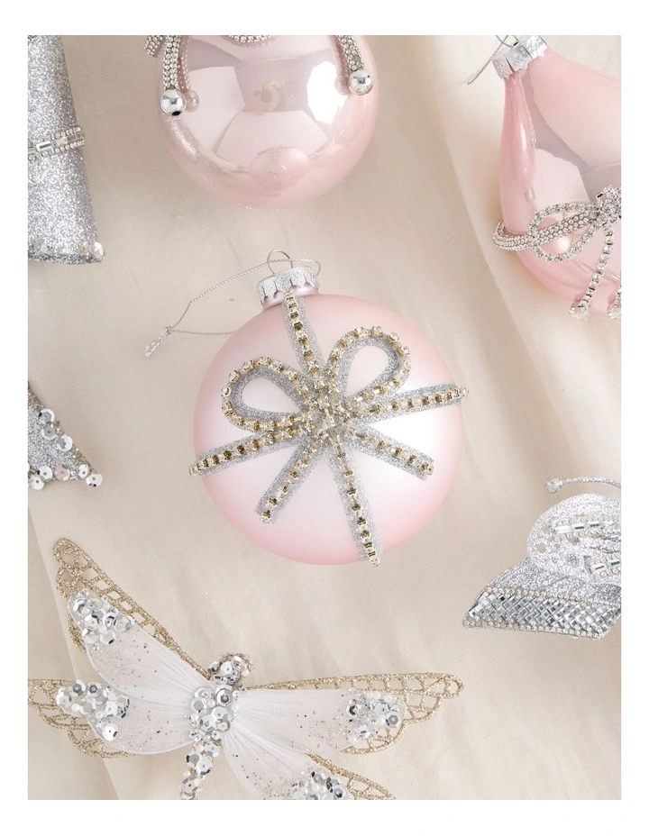 Luxe Christmas Glass Bow Pattern Bauble 10cm in Pink image 3