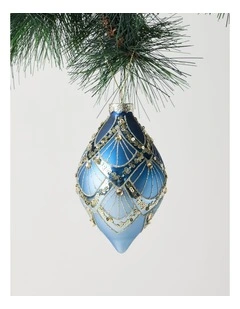Luxe Christmas Glass Art Deco Bauble Finial 14cm in Navy