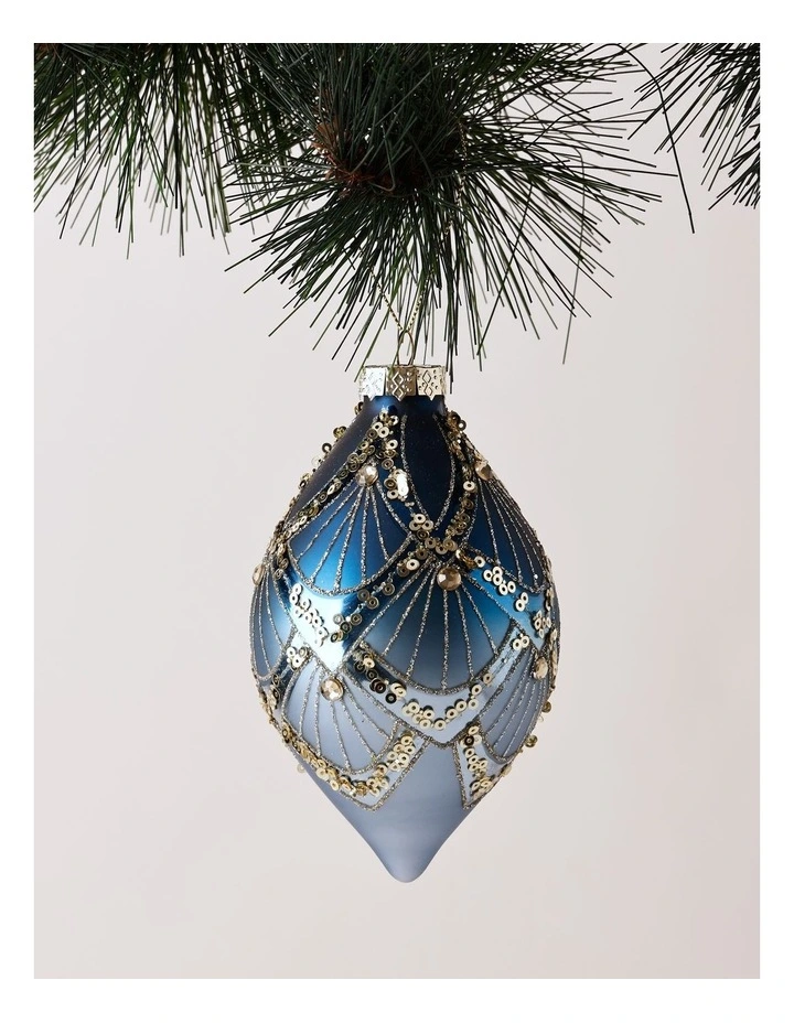 Luxe Christmas Glass Art Deco Bauble Finial 14cm in Navy image 1