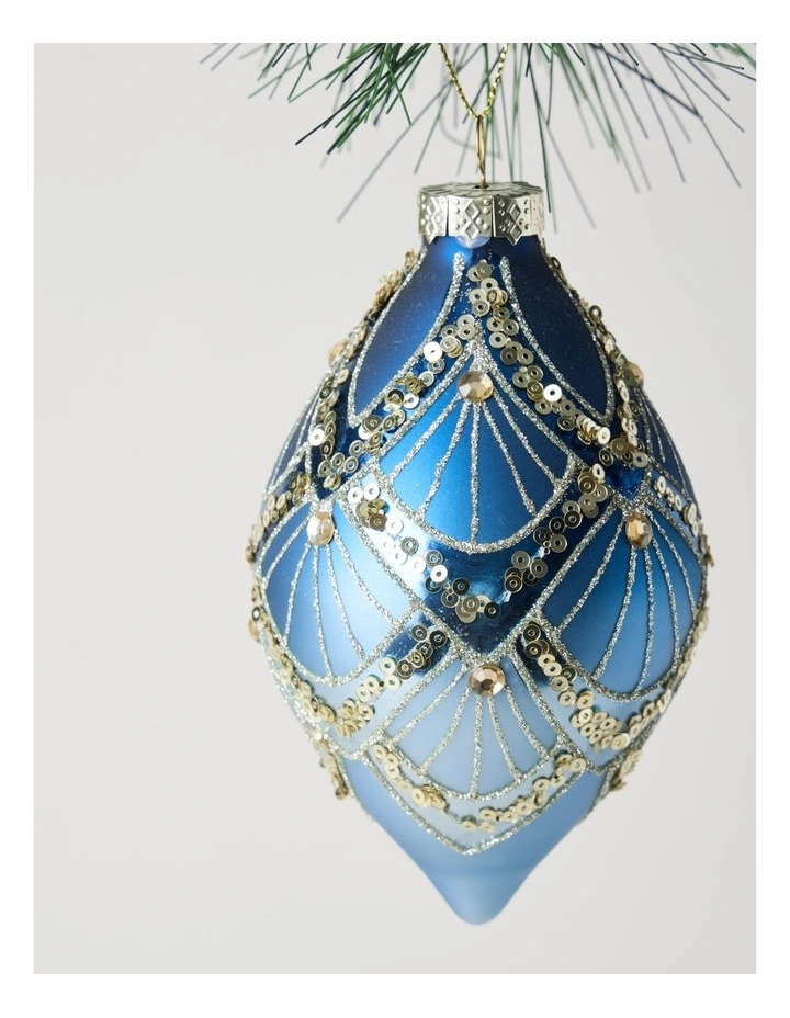 Luxe Christmas Glass Art Deco Bauble Finial 14cm in Navy image 2