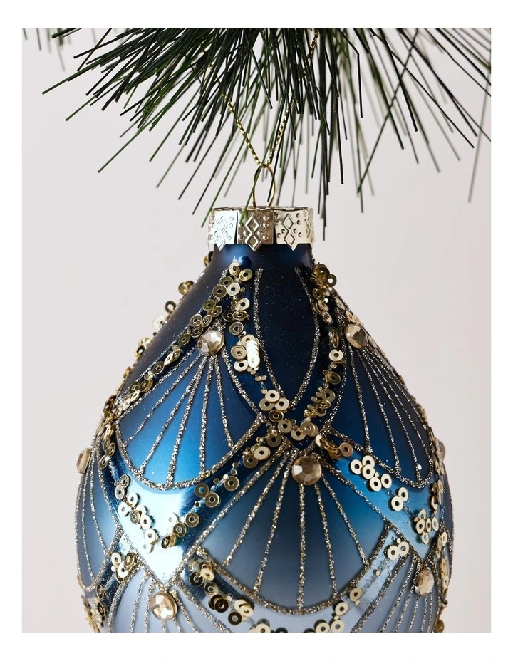 Luxe Christmas Glass Art Deco Bauble Finial 14cm in Navy image 2