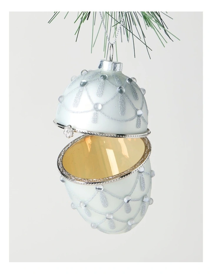 Luxe Christmas Glass Gem Hinged Egg Ornament 10cm in White image 2