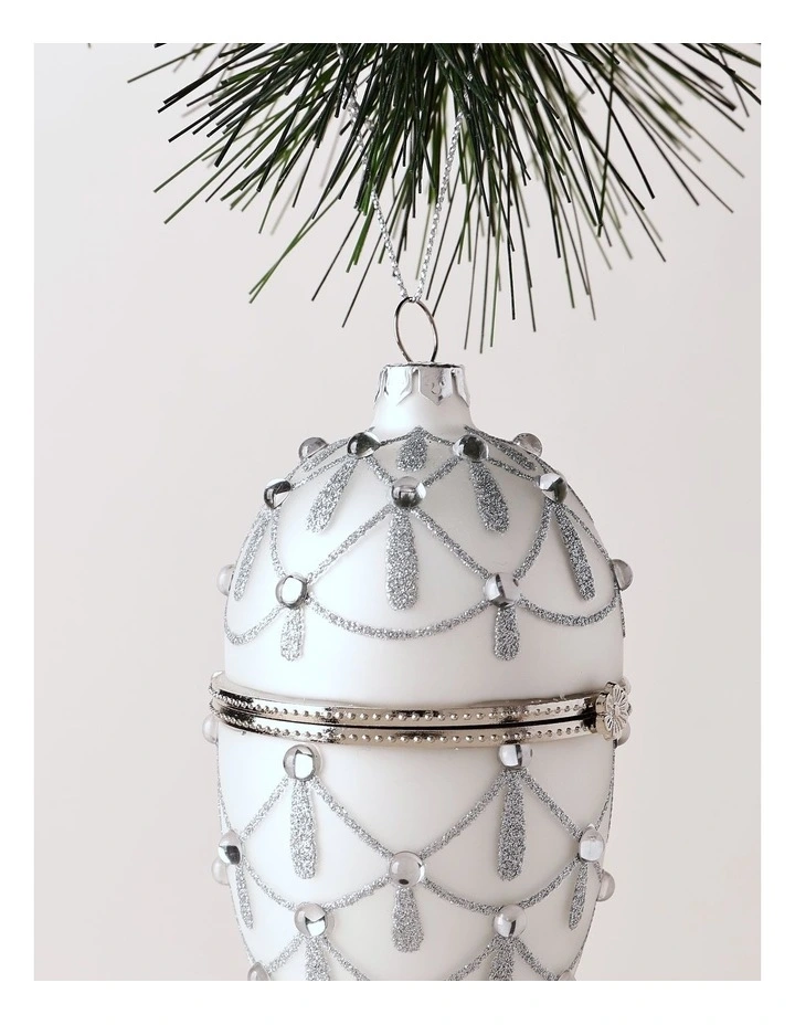 Luxe Christmas Glass Gem Hinged Egg Ornament 10cm in White image 2