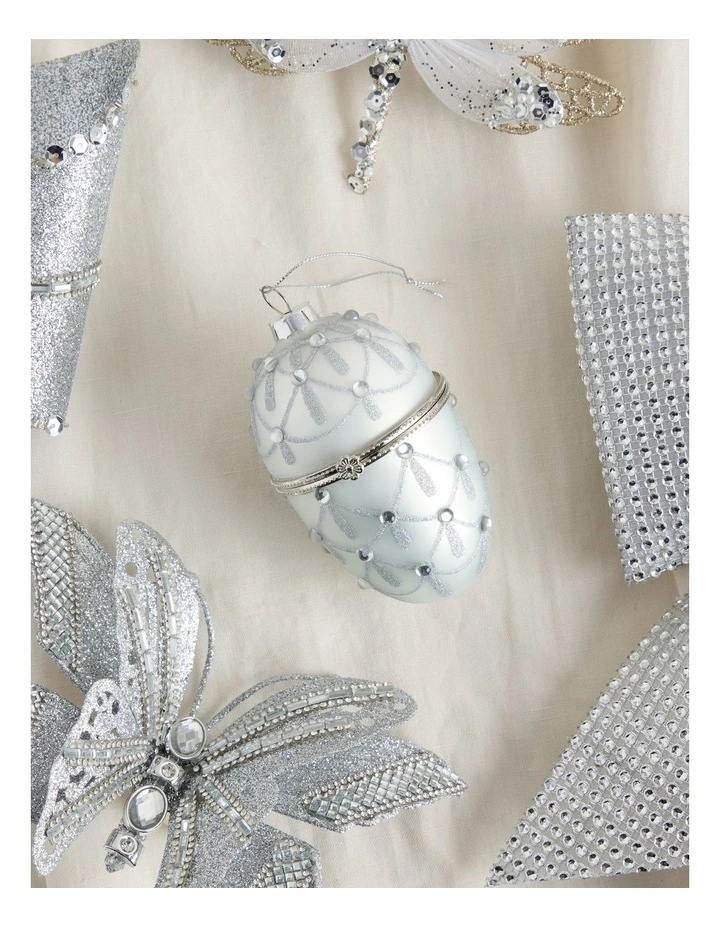 Luxe Christmas Glass Gem Hinged Egg Ornament 10cm in White image 3