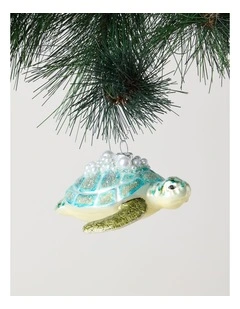 Eucalyptus Christmas Glass Embellished Turtle Ornament 12cm in Blue