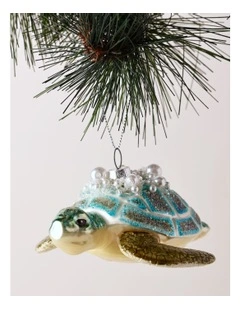 Eucalyptus Christmas Glass Embellished Turtle Ornament 12cm in Blue