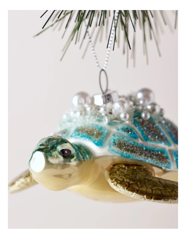 Eucalyptus Christmas Glass Embellished Turtle Ornament 12cm in Blue image 2