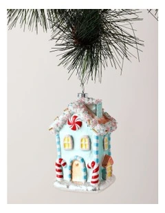 Candyland Christmas Glass Glittered Candy House Ornament 11cm in Blue