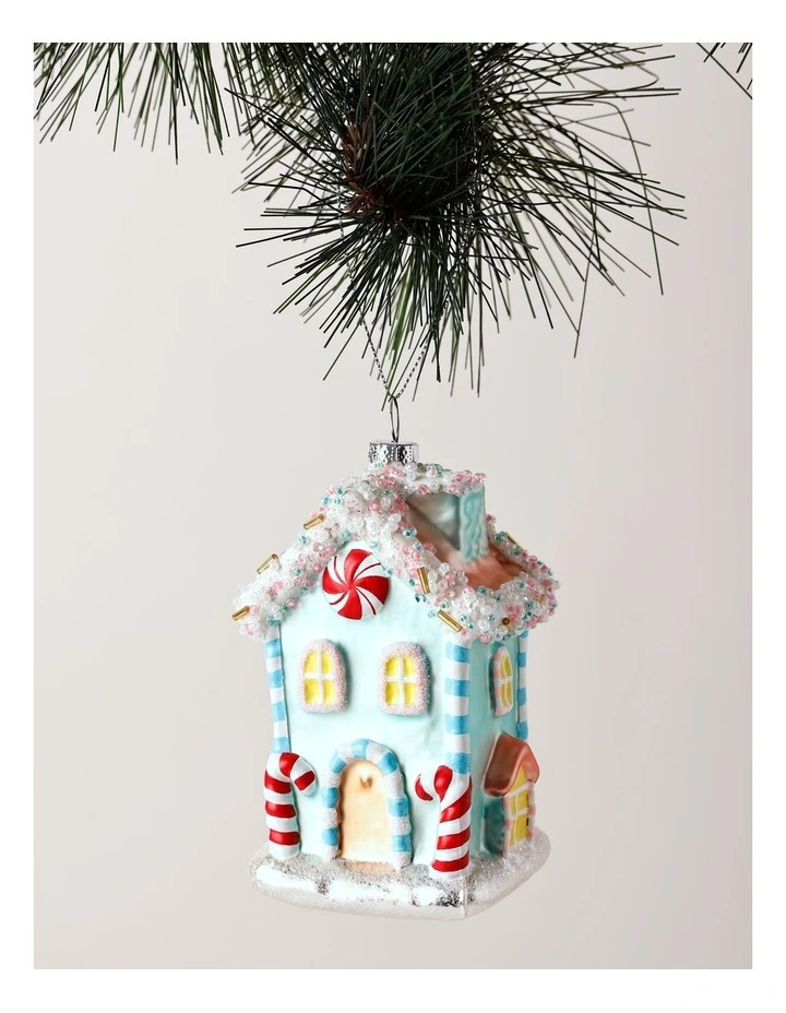 Candyland Christmas Glass Glittered Candy House Ornament 11cm in Blue image 1