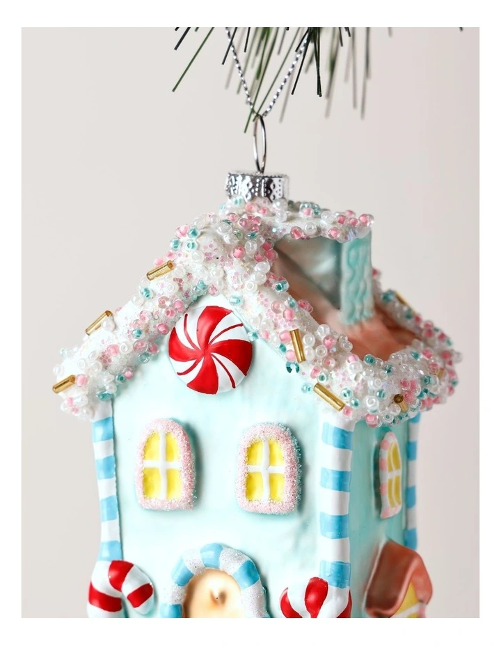 Candyland Christmas Glass Glittered Candy House Ornament 11cm in Blue image 2