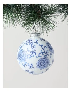 Luxe Christmas Glass Ginger Jar Bauble in Blue and White: 10cm