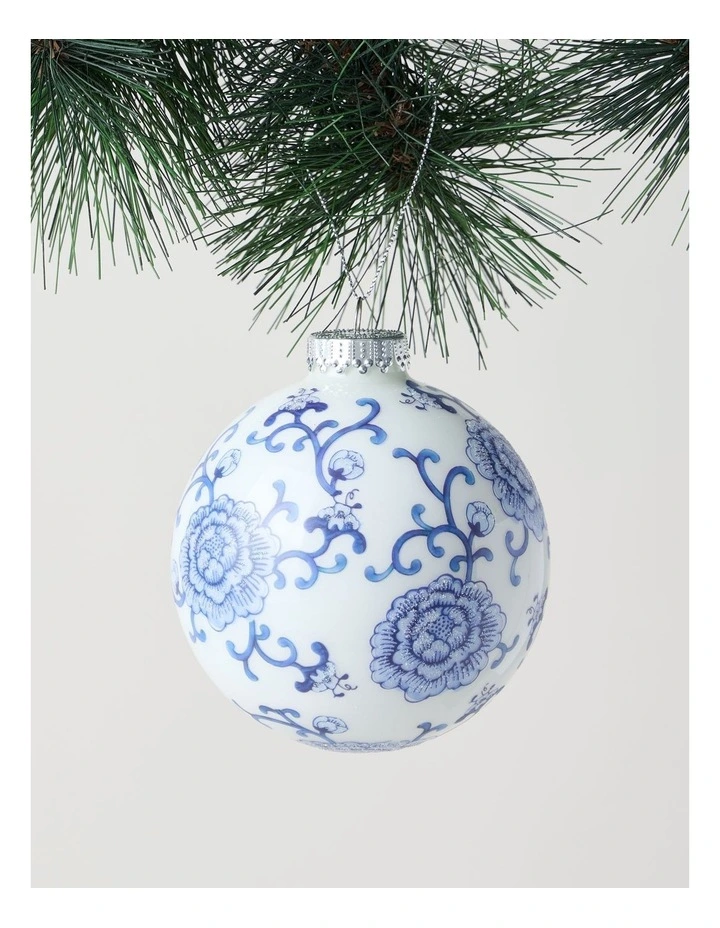Luxe Christmas Glass Ginger Jar Bauble in Blue and White: 10cm image 1