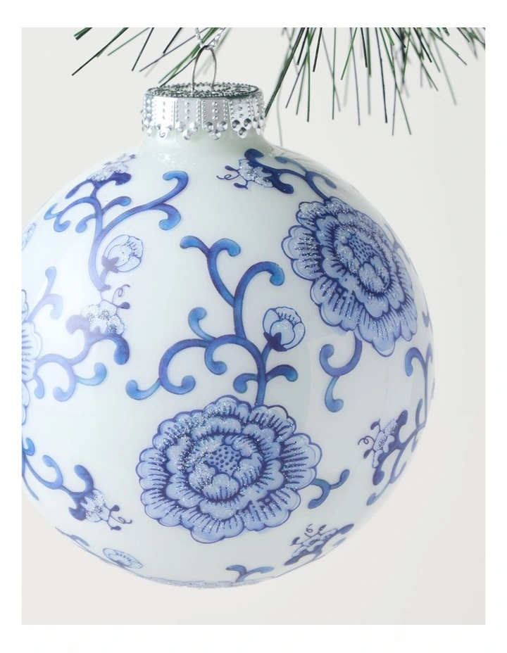 Luxe Christmas Glass Ginger Jar Bauble in Blue and White: 10cm image 3