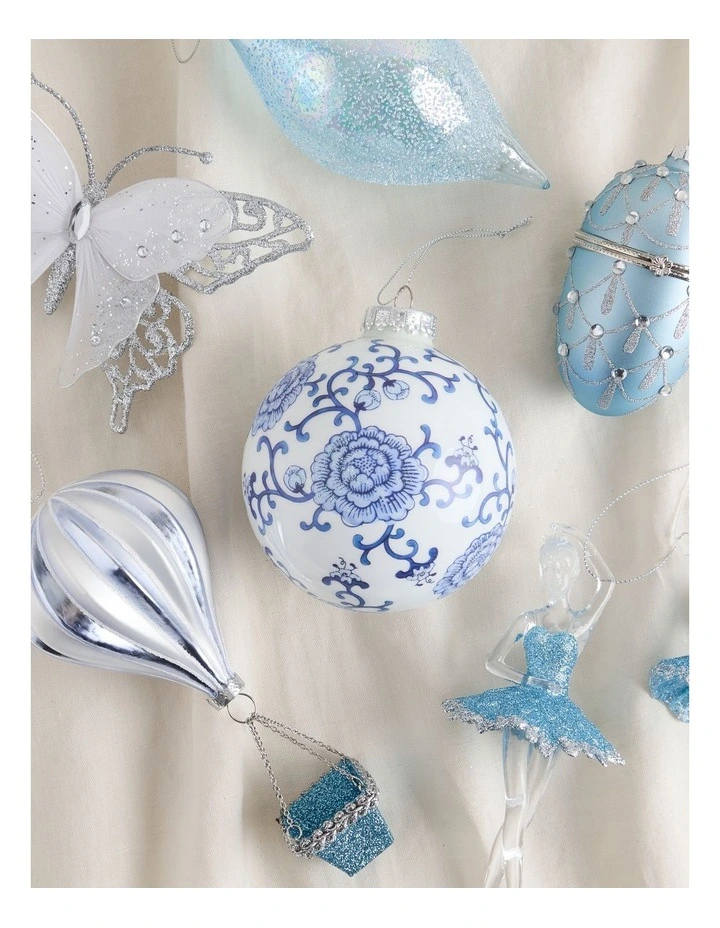Luxe Christmas Glass Ginger Jar Bauble in Blue and White: 10cm image 4