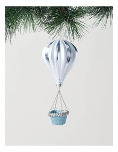Luxe Christmas Glass Hot Air Balloon Ornament in Blue: 17cm
