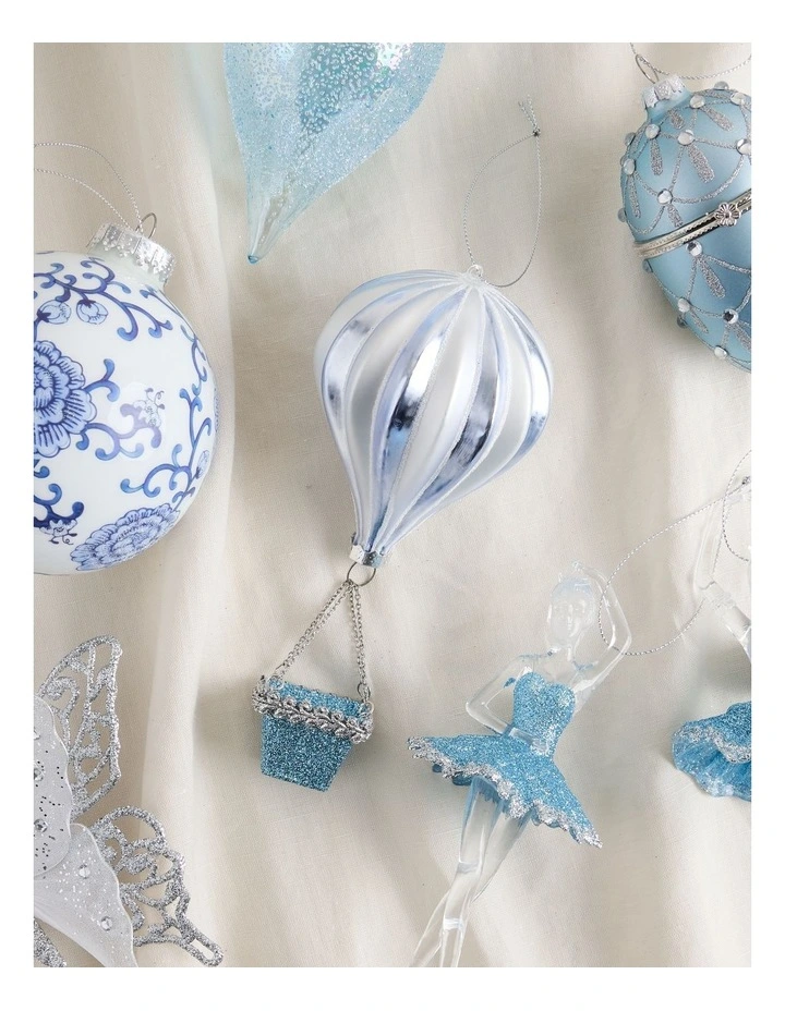 Luxe Christmas Glass Hot Air Balloon Ornament in Blue: 17cm image 4
