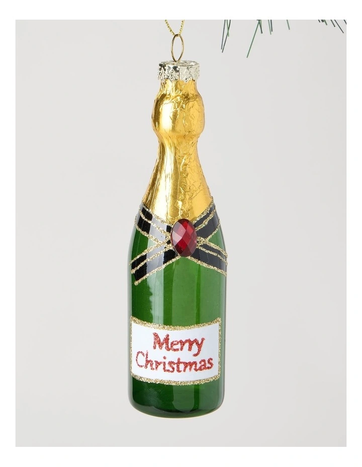 Heirloom Glass Champagne Bottle Ornament in Green: 14cm image 2