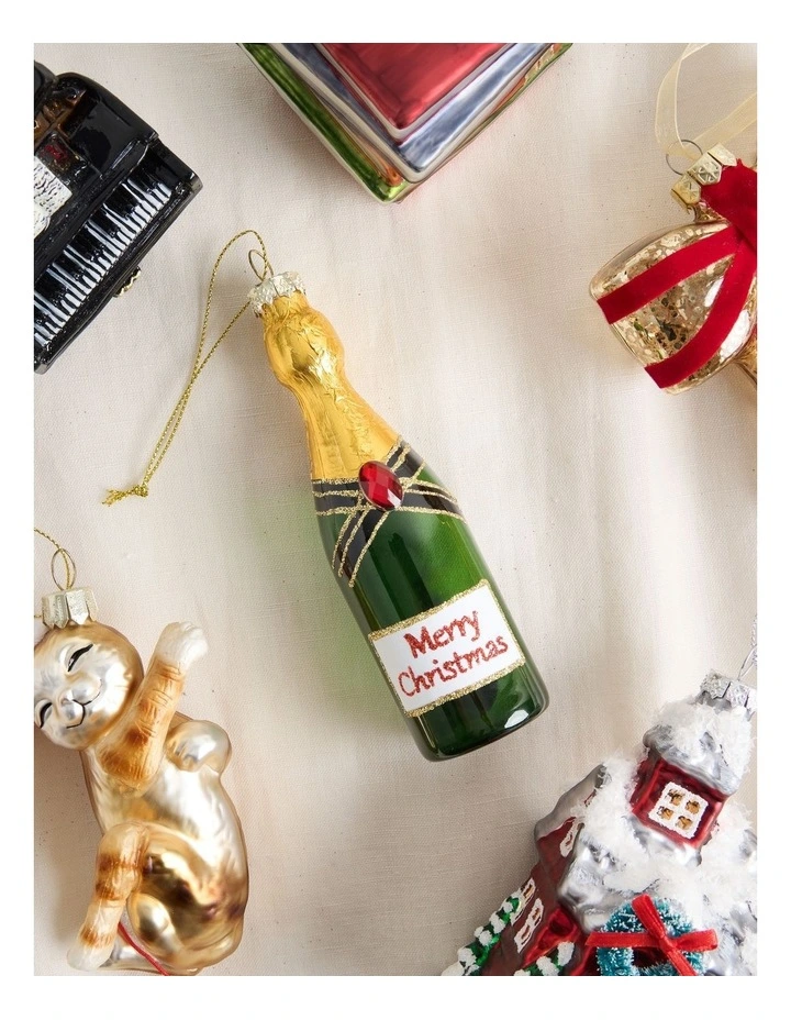 Heirloom Glass Champagne Bottle Ornament in Green: 14cm image 3