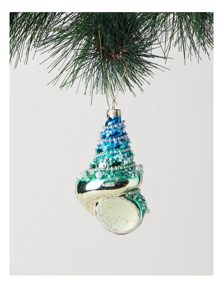 Eucalyptus Glass Seashell with Beads Ornament in Green and Blue: 10cm image 1